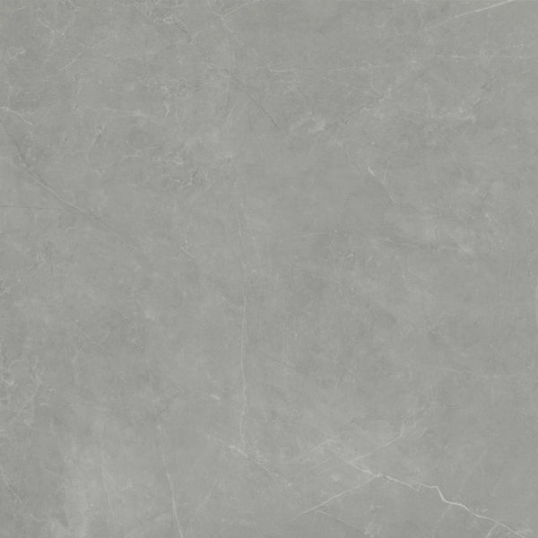 The Callie 24x24 Polished Porcelain Tile in Moonlight features a smooth, light gray surface with subtle white veining and a natural texture, offering the refined look of polished marble or concrete.