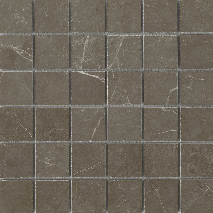 Callie 2x2 Porcelain Mosaic in Mocha features a chic checkerboard of dark brown tiles with thin white veins, subtle color variations, and thin light gray grout lines for a refined look.