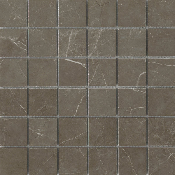 Callie 2x2 Porcelain Mosaic in Mocha features a chic checkerboard of dark brown tiles with thin white veins, subtle color variations, and thin light gray grout lines for a refined look.
