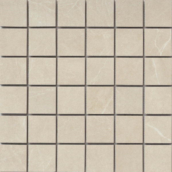 The Callie 2x2 Porcelain Mosaic in Alabaster features a grid of polished beige tiles with subtle white veining and thin dark grout lines, arranged evenly in rows and columns for a refined, checkerboard look.