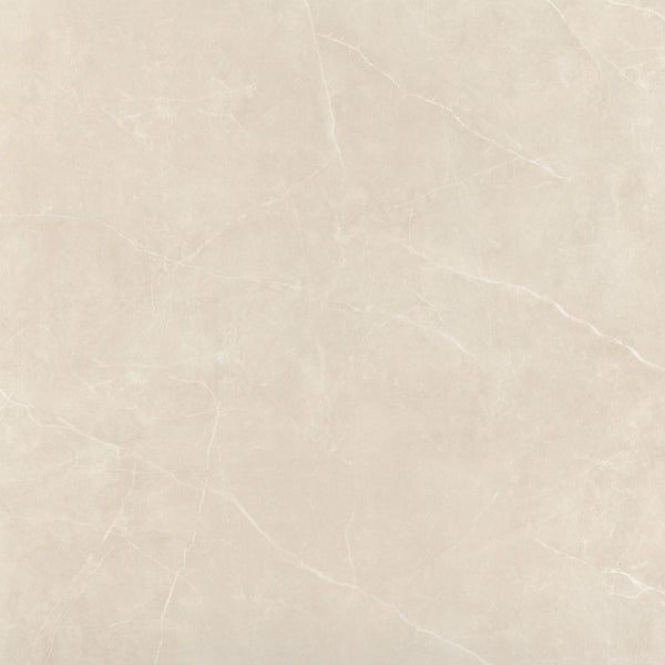 The Callie 24x24 Polished Porcelain Tile in Alabaster features a light beige marble look with subtle white veins and a sleek, polished finish for an elegant, minimalist style.