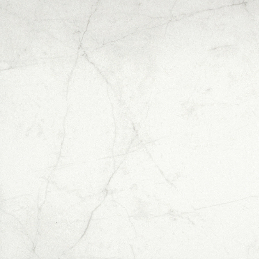 A close-up of the Callie 24x24 Polished Porcelain Tile in Snow, showcasing its white surface with subtle gray veining and natural patterns, offering a smooth, elegant look ideal for countertops or flooring.