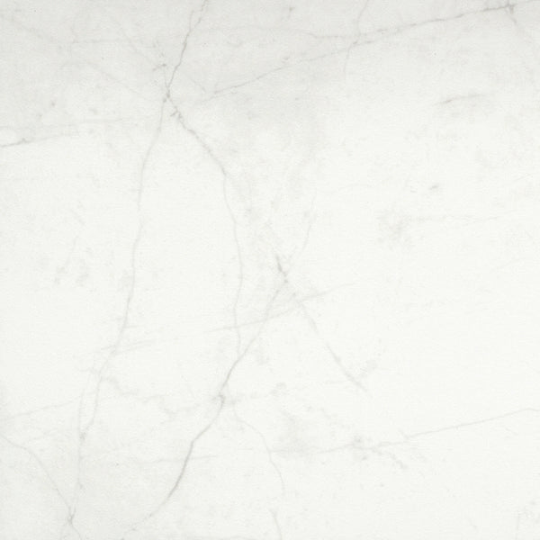A close-up of the Callie 24x24 Polished Porcelain Tile in Snow, showcasing its white surface with subtle gray veining and natural patterns, offering a smooth, elegant look ideal for countertops or flooring.