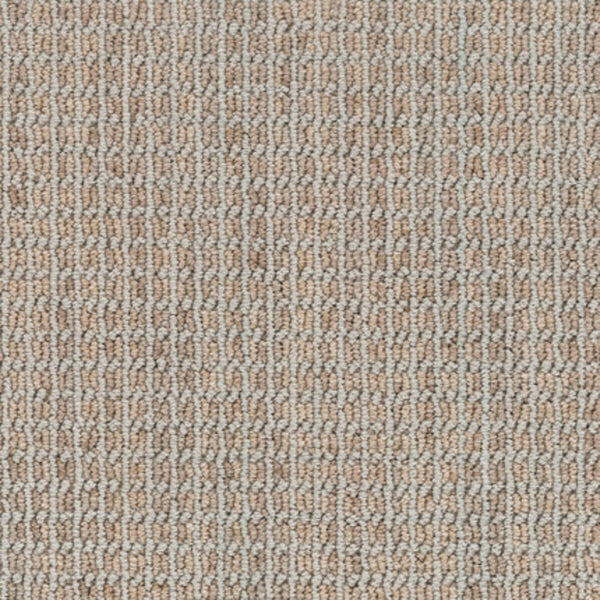 Close-up of Haven Berber Carpet in Stone, featuring a looped, grid-like pattern in neutral beige and tan tones. The textured surface appears soft, woven, and durable.