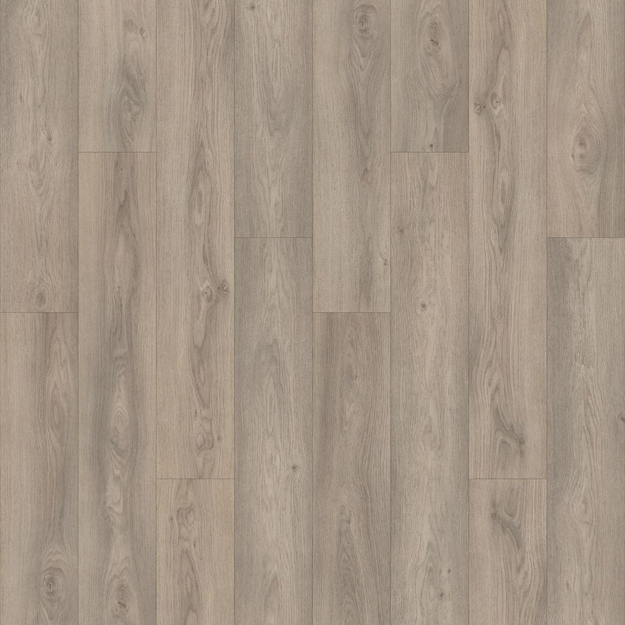 Danish Overlook 7 1/2" Waterproof Laminate in Stone Oak features a natural grain pattern with subtle knots, matte finish, and staggered plank layout for a neutral, contemporary look ideal for modern interiors.