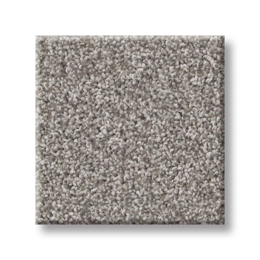 A square sample of Imaginable I Family Friendly Carpet in the color Stone Path, featuring a soft, plush texture in light gray, displayed on a white background.