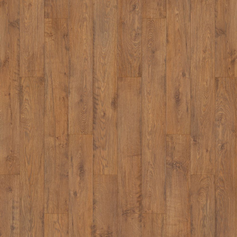 Western Row 6 1/8' Waterproof Laminate in Sun Dried Oak features a natural grain pattern and glossy finish. Planks are laid lengthwise, showcasing realistic color and texture variations for an authentic wood look.