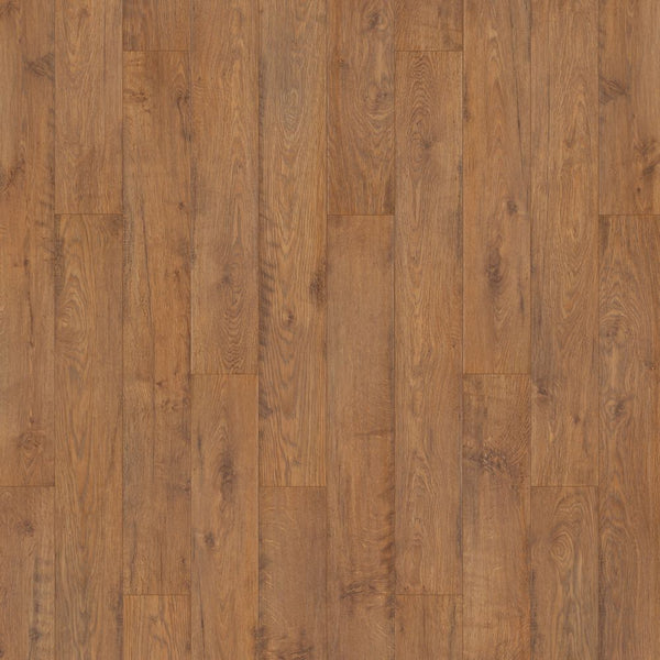 Western Row 6 1/8' Waterproof Laminate in Sun Dried Oak features a natural grain pattern and glossy finish. Planks are laid lengthwise, showcasing realistic color and texture variations for an authentic wood look.