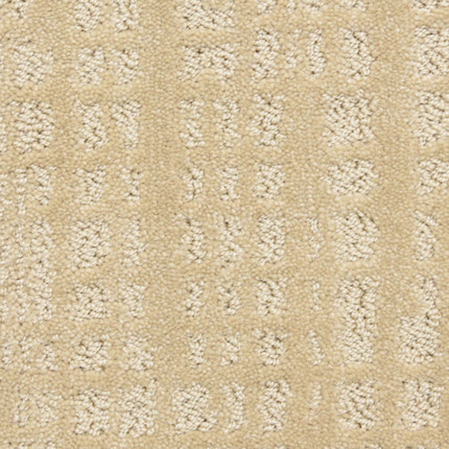 Close-up of Willow Lake On Trend Carpet in Sweet Gum, showcasing a textured pattern of repeating squares and rectangles—raised and flat areas add style and comfort, making it ideal for high-traffic spaces.