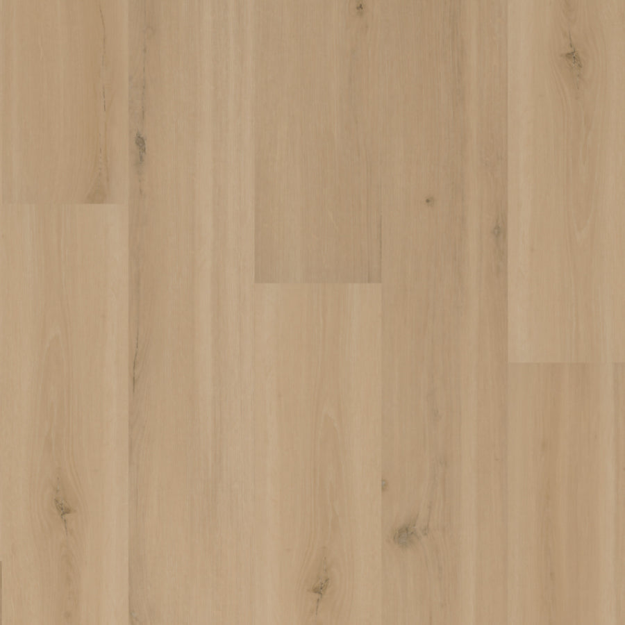 Adura Max 7" Vinyl Plank in Swiss Oak Almond features a light wood tone with a smooth finish, subtle grain patterns, and occasional natural knots. Planks are laid lengthwise for a clean, modern look.