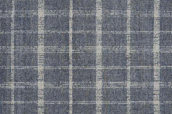 Tartan Tones On Trend Carpet in Denim color features a textured blue fabric with a classic white plaid pattern, inspired by luxurious Scottish Tartan designs.
