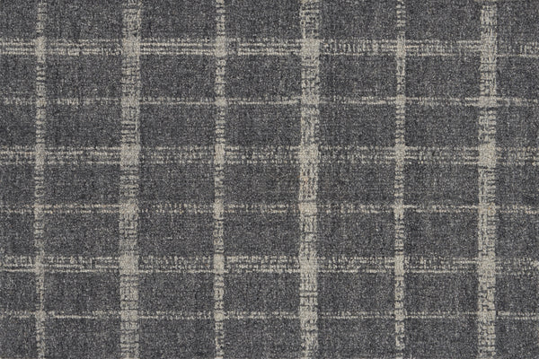 Tartan Tones On Trend Carpet in Smoke features a textured fabric with a dark gray base and off-white, uneven grid lines. The rough pattern gives it a casual, woven look inspired by classic Scottish tartan designs.