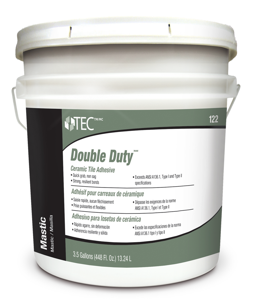 A 3.5-gallon (13.24 L) white plastic bucket labeled TEC Double Duty, designed for interior tile installation, features green and gray accents, product specs, a handle, and a lid.