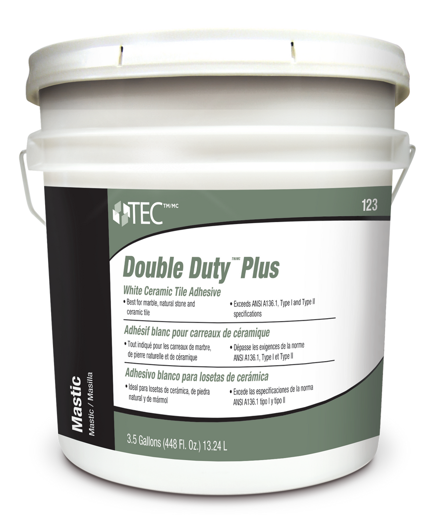The TEC Double Duty Plus is a white plastic bucket containing 3.5 gallons (13.24 L) of ready-to-use tile adhesive for ceramic and marble tiles. Includes handle; product info in English, French, and Spanish.