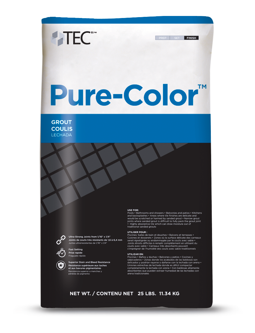 A 25-lb bag of TEC Pure-Color Unsanded Grout features a white and black design with a blue band, trilingual info (English, French, Spanish), color uniformity and stain resistance highlights, grid graphics, and usage details.