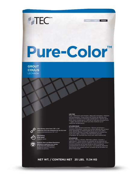 A 25-lb bag of TEC Pure-Color Unsanded Grout features a white and black design with a blue band, trilingual info (English, French, Spanish), color uniformity and stain resistance highlights, grid graphics, and usage details.