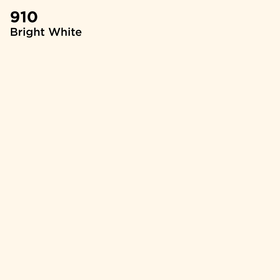 A swatch labeled 910 Bright White for TEC Pure-Color Unsanded Grout displays a solid off-white shade with black text in the upper left corner on a plain background, emphasizing excellent color uniformity and stain resistance.