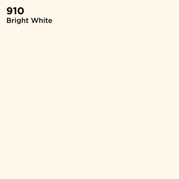 A swatch labeled 910 Bright White for TEC Pure-Color Unsanded Grout displays a solid off-white shade with black text in the upper left corner on a plain background, emphasizing excellent color uniformity and stain resistance.