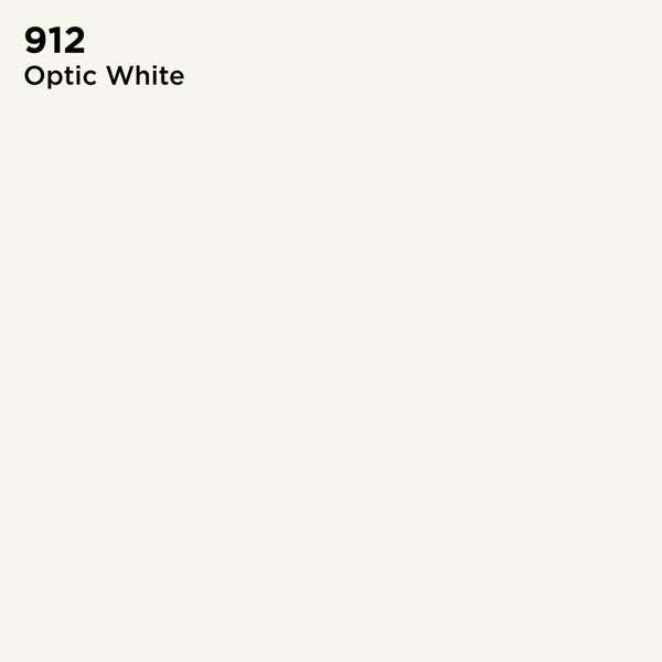 A sample swatch of TEC Pure-Color Unsanded Grout, labeled 912 Optic White, shows a clean, bright white color with notable uniformity on a plain background and black text in the top left corner.