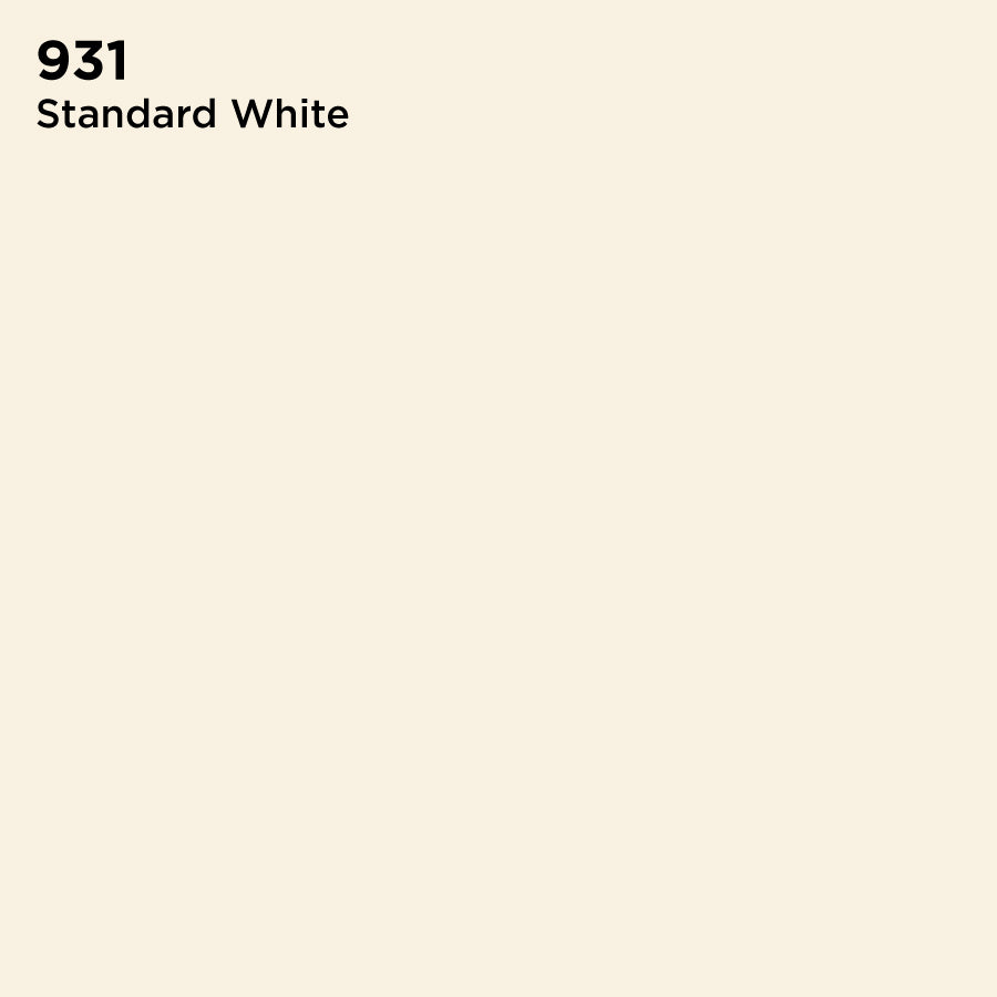A digital color swatch labeled “931 Standard White” shows an off-white background with black text, demonstrating the uniform shade of TEC Pure-Color Unsanded Grout, ideal for projects needing precise color matching.