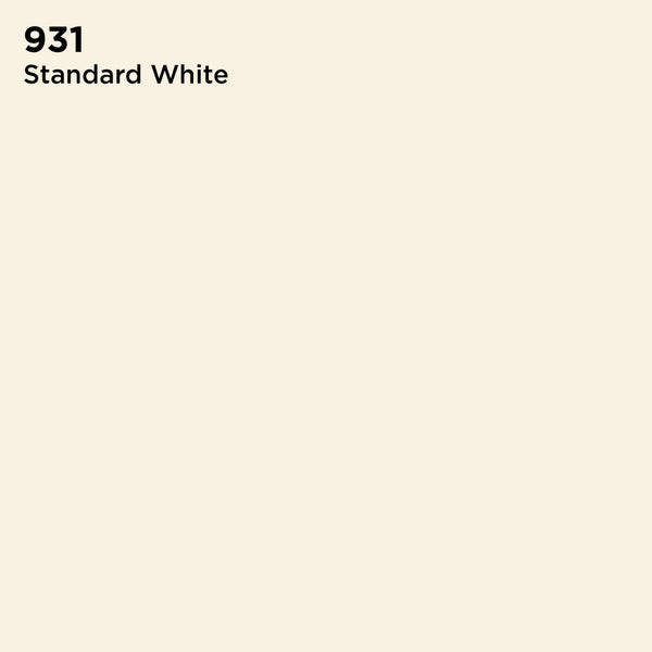A digital color swatch labeled “931 Standard White” shows an off-white background with black text, demonstrating the uniform shade of TEC Pure-Color Unsanded Grout, ideal for projects needing precise color matching.