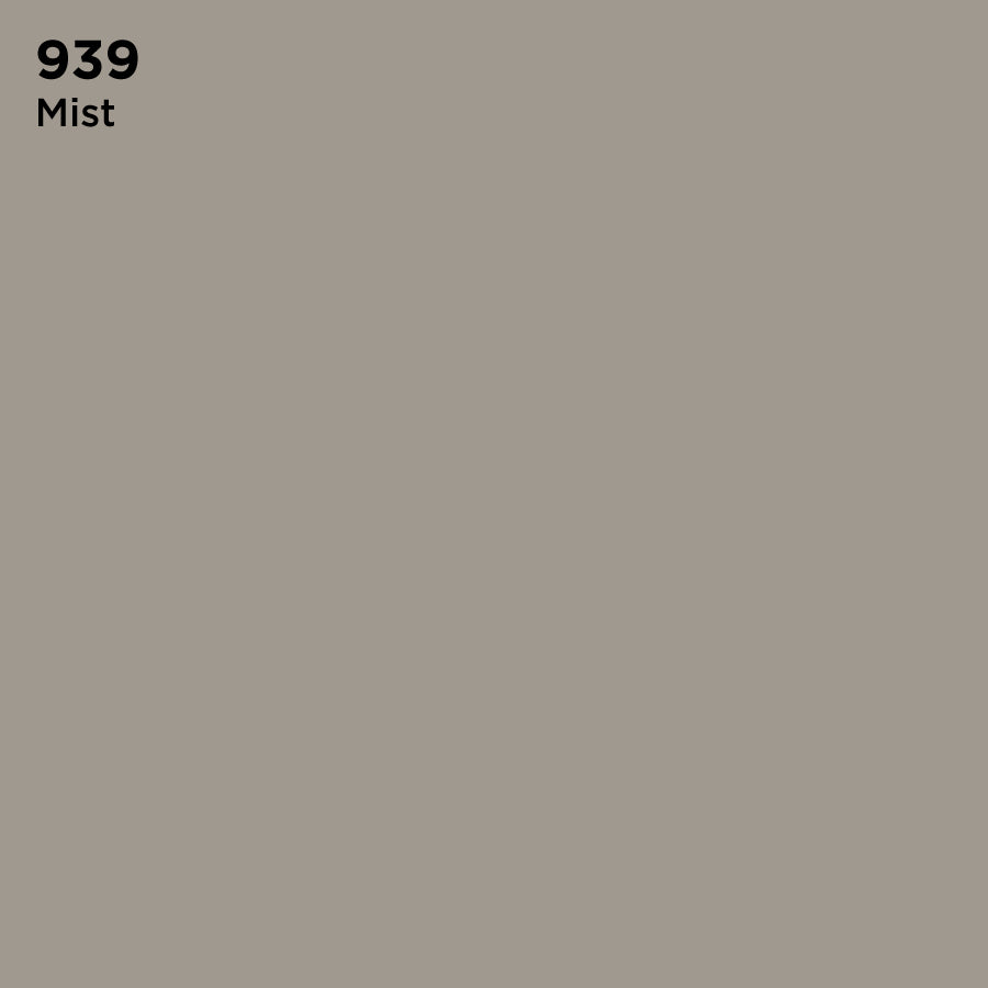 A digital color swatch shows a solid, light grayish-brown shade labeled 939 Mist in black text at the top left on a plain background, showcasing uniformity ideal for TEC Pure-Color Unsanded Grout applications.