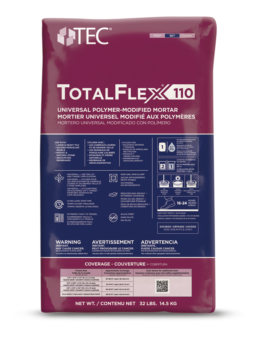 A 32-lb bag of TEC TotalFlex 110 Universal polymer-modified mortar, in maroon and purple packaging with instructions, warnings, and coverage details. This high-performance mortar features a long open time for versatile installations.