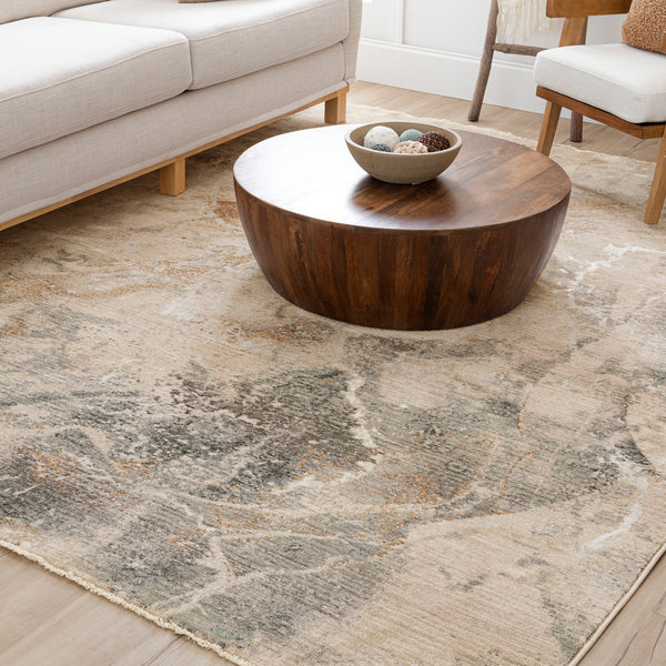 Modern living room with a light beige patterned rug, round wooden coffee table holding a decorative bowl with orbs, cream sofa, wooden chair, and light wood flooring.
