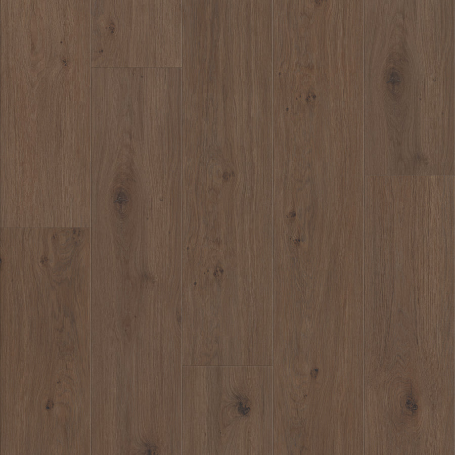 Fresh Take 9" Vinyl features a dark brown color with visible wood grain and knots in a staggered plank layout, capturing the natural variations and subtle imperfections of real wood.