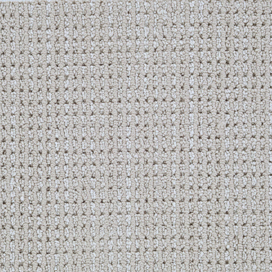 A close-up of Top Notch Berber Carpet in Taupe Haze, featuring a textured, grid-like looped pattern with small raised squares—an excellent option for premium, stain-resistant flooring.