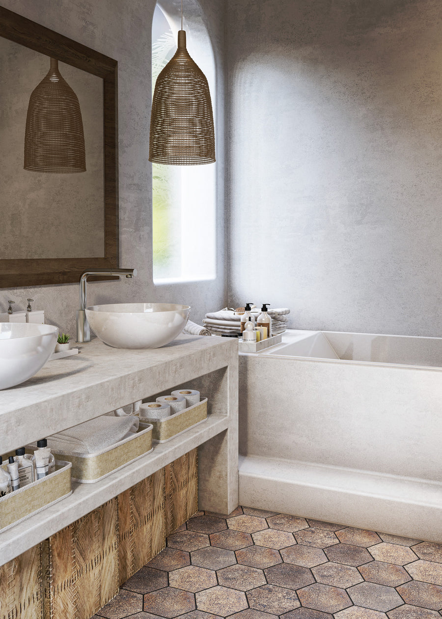 Bathroom with a modern rustic design, featuring a stone countertop with vessel sinks, woven pendant lights, hexagonal floor tiles, open shelves with towels, toiletries, and a bathtub near an arched window.