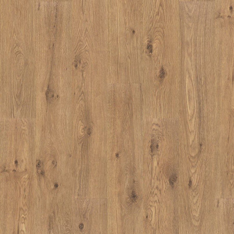 Close-up of Woodland Resort 8 11/32" Vinyl Plank, showcasing a natural oak finish with visible wood grain patterns and knots in light to medium brown tones. The smooth surface highlights its refined appearance.