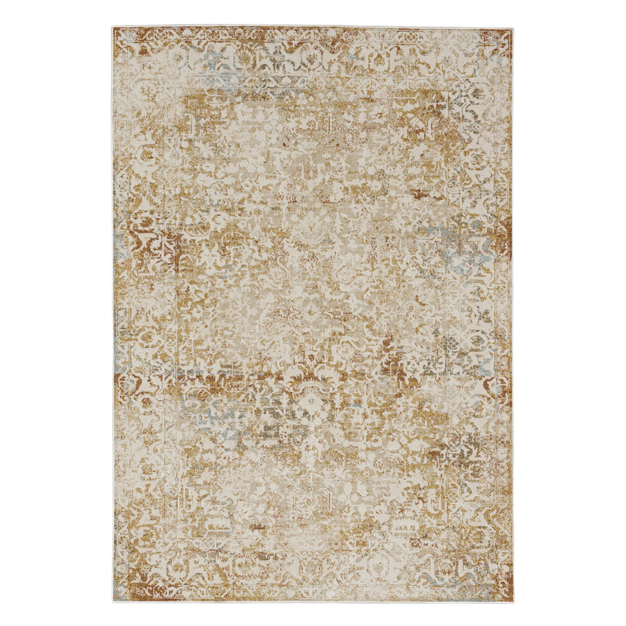 The Windermere Tideswell Terracotta Area Rug features a rectangular design with a distressed, vintage-style floral pattern in terracotta, beige, and brown tones for an authentic antique look.