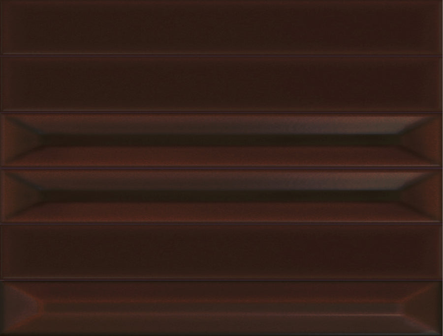 A close-up of the Jewelz 12x16 Glazed Porcelain Tile in Tigers Eye reveals five rectangular segments with slightly raised edges and a smooth, glossy surface reminiscent of modern geometric tile design.