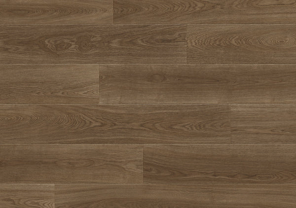 Close-up of Aura Modern Waterproof Laminate in Tiger's Eye color, featuring a natural wood grain pattern and staggered layout. The smooth, polished surface displays varied brown shades for a modern flooring look.