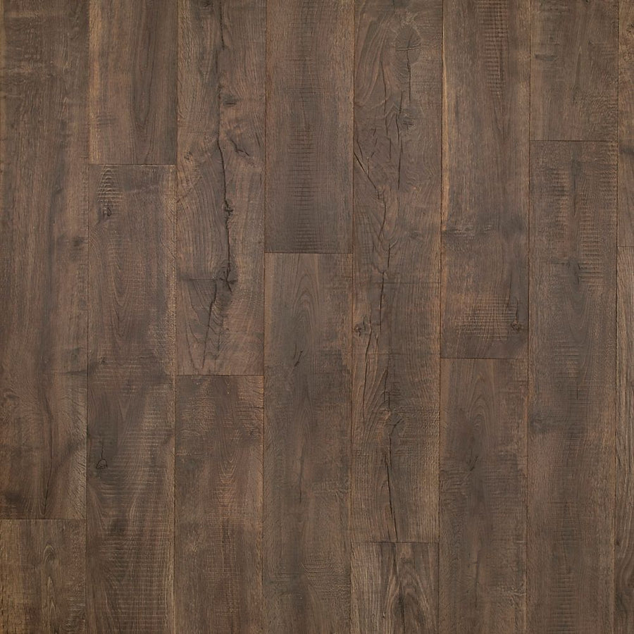Avery Grove 7.5" Vinyl Plank features dark brown wood aesthetics, natural grain pattern, and subtle texture in long rectangular planks, arranged in a staggered layout for a modern, scratch-resistant flooring solution.