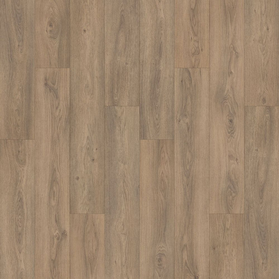 Danish Overlook 7 1/2" Waterproof Laminate in Toffee Oak features a light brown wood-look with natural grain and subtle tonal variations. Its smooth, even finish and staggered plank layout add sophisticated style to any space.
