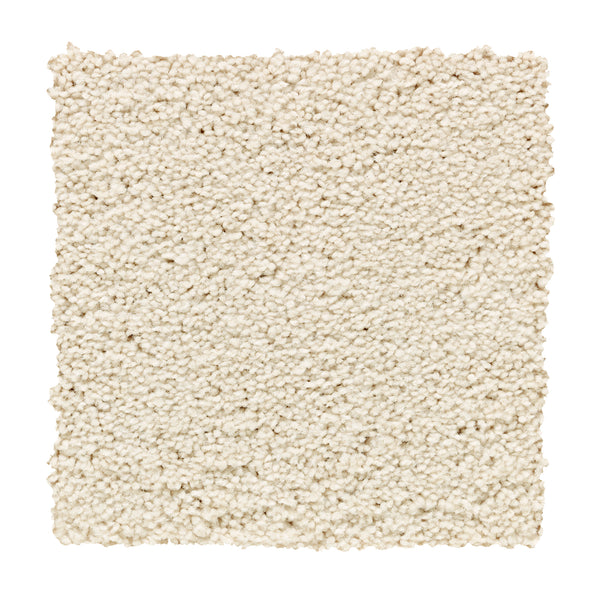 A square swatch of Traditional Cheer Pet Friendly Carpet in Charm color, featuring off-white, textured, durable, small looped fibers—both stylish and pet friendly—displayed on a white background.
