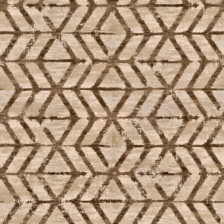 The Traveler's Path On Trend Carpet features a beige and brown geometric pattern with interlocking hexagon and chevron shapes, creating a stylish, textured, and symmetrical design.