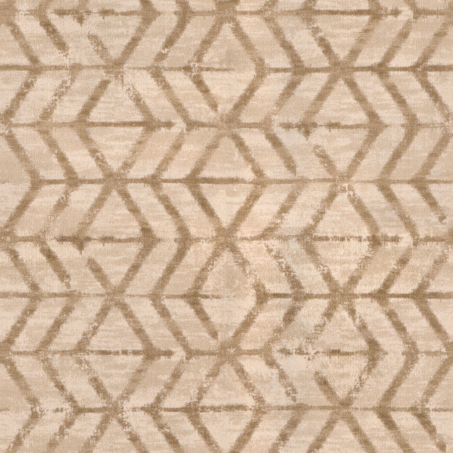 Traveler's Path On Trend Carpet features a beige and tan geometric pattern with interlocking hexagons and chevrons, offering a textured, symmetrical design that adds sophisticated style to any space.