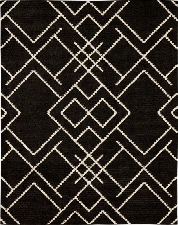 The Traverse Intersection Area Rug features a black base with white geometric lines, including diamonds and zigzags arranged symmetrically—an eye-catching piece that adds modern style to any space.
