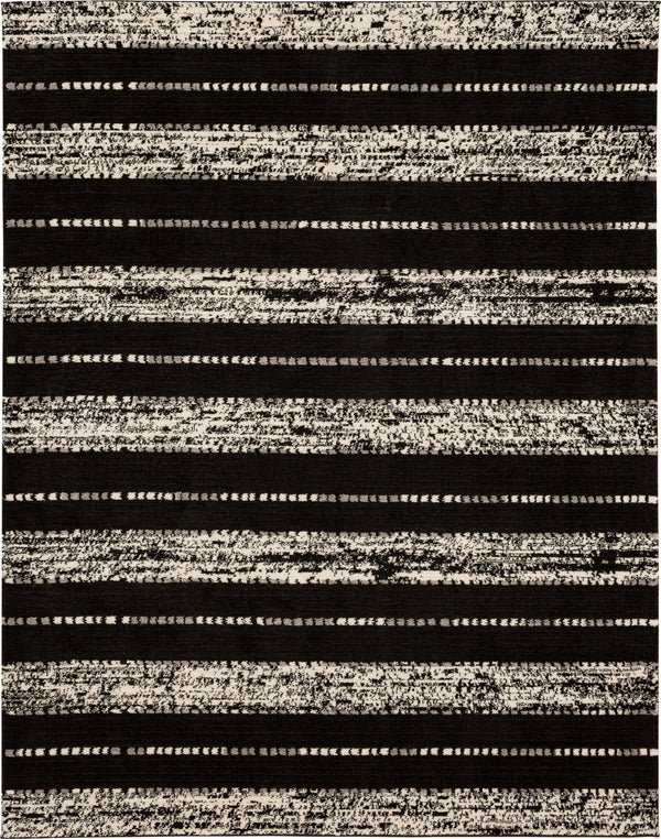 The Traverse Lanes Area Rug features modern geometric design with horizontal black and off-white stripes, irregular textured lines, and dotted accents. Made of polyester, it adds abstract, contemporary style to any space.