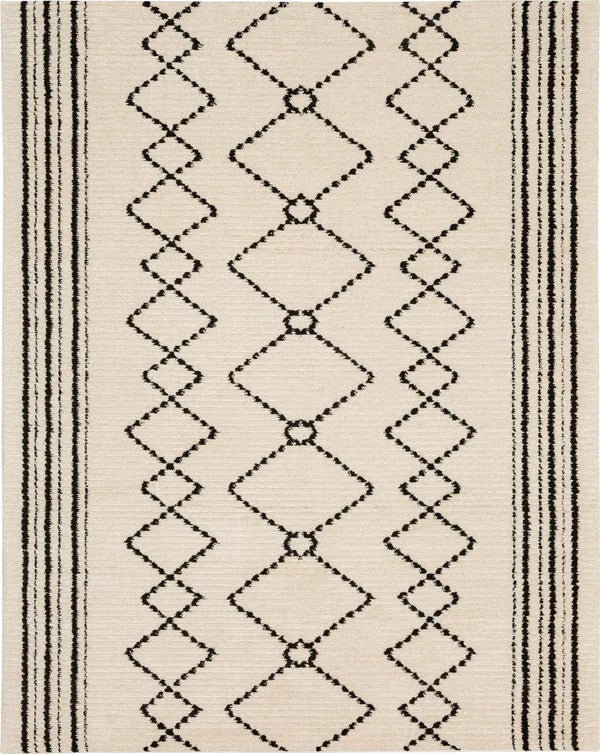 The Traverse Paragon Area Rug features a beige background with central black diamond patterns, zigzag details, and three parallel black stripes on each edge for a balanced, geometric design in neutral tones.