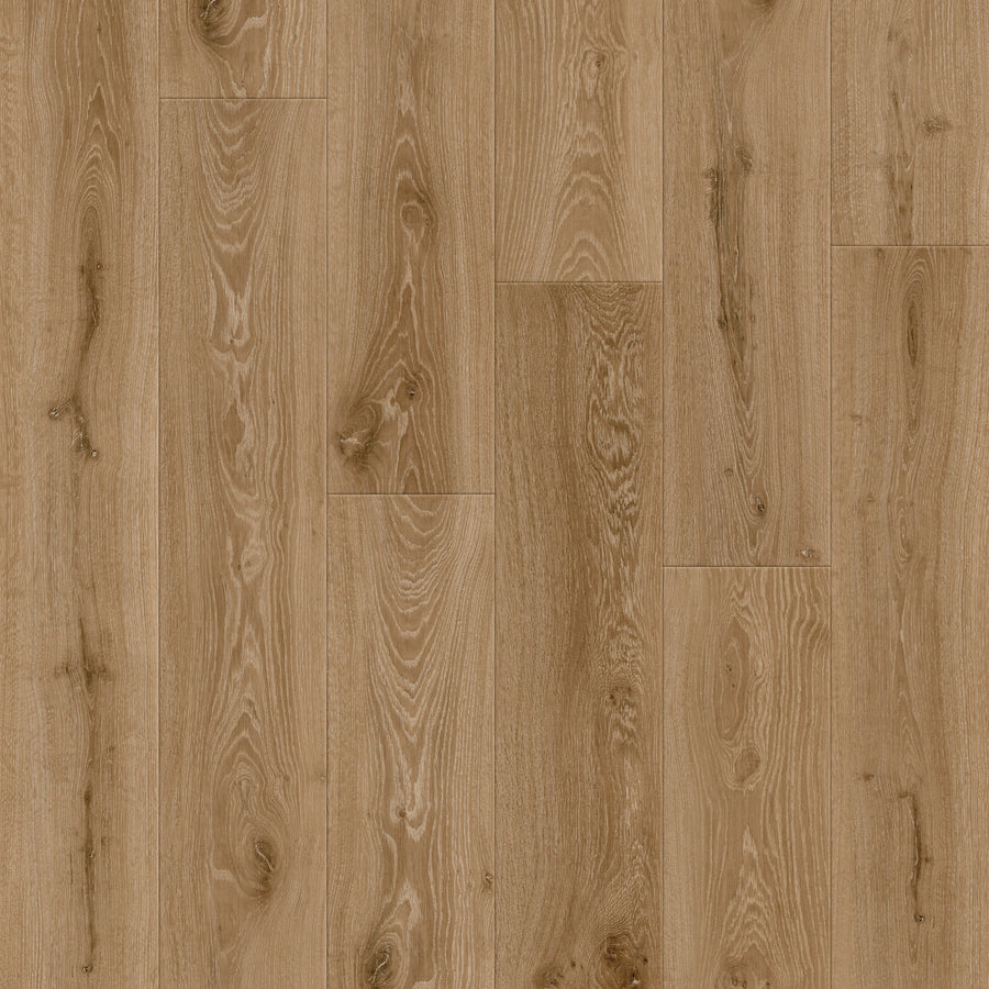 Coretec Retro Revival 9" Vinyl Plank in Truffle Brown Oak features a natural wood grain and subtle knots. Vertically aligned planks create a vintage look with a seamless, durable vinyl surface.