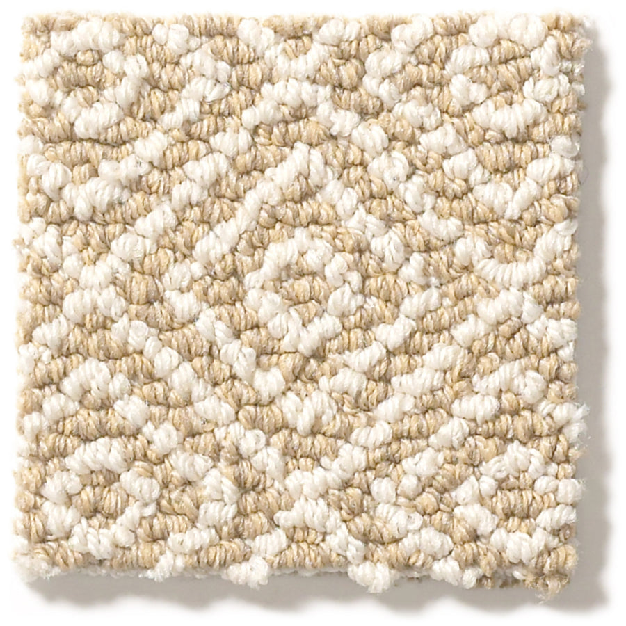 The Stroll Pet Friendly Carpet sample features a square, loop style with a raised geometric diamond pattern in beige and white. Its durable fibers offer a soft, tactile surface with alternating color sections.