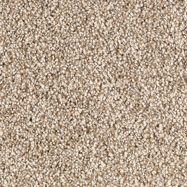 Close-up view of Shaded Escape Family Friendly Carpet in Twine, featuring a beige textured surface with tightly looped fibers. Neutral light brown and cream shades offer comfort and practicality for family spaces.