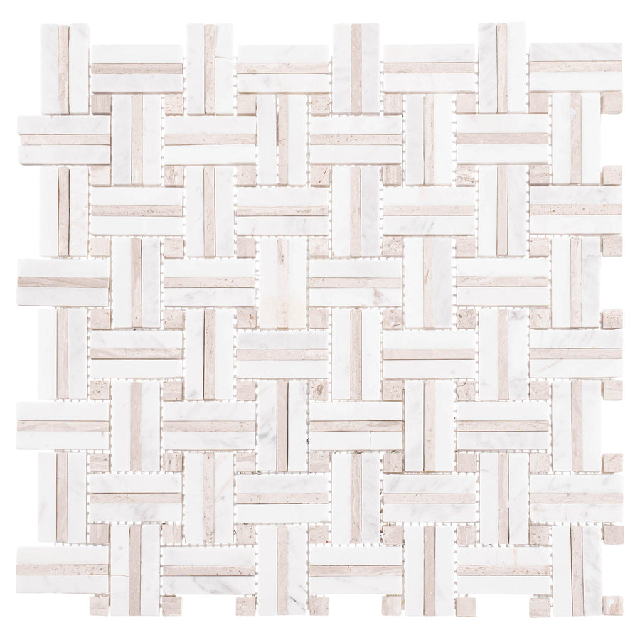 Ultra Weave 12" x 12" Ceramic Tile in Kalahari Dunes features interlocking rectangular pieces in a white and light beige basket-weave pattern with a polished, marble-like finish.