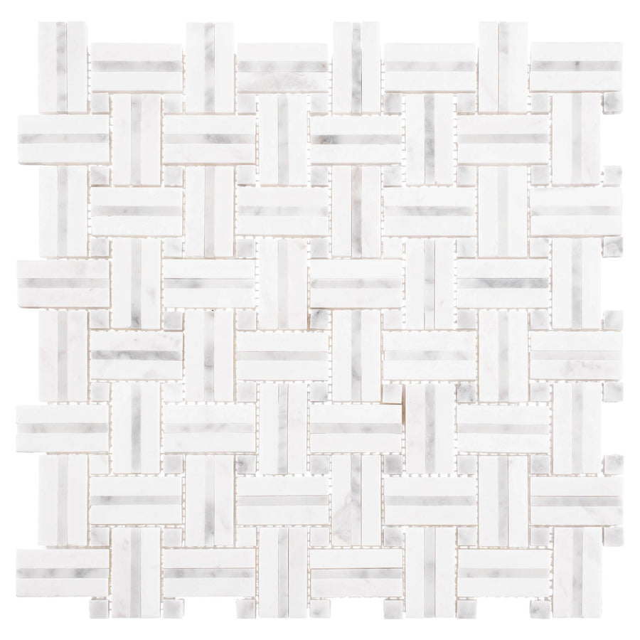 The Ultra Weave 12" x 12" Ceramic Tile in Lace Lining features a basket weave pattern with small square accents, creating an interlocking geometric design inspired by woven surfaces.