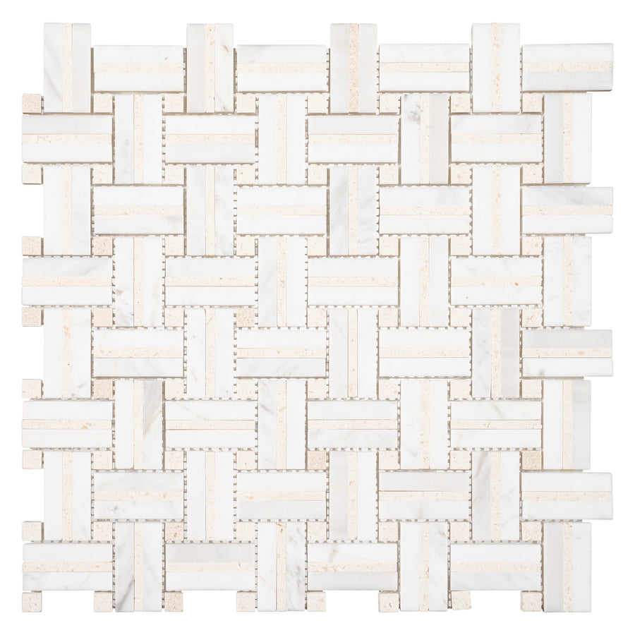 Ultra Weave 12" x 12" Ceramic Tile in Calico Devine features a woven geometric surface with interlocking rectangular tiles and light beige grout lines, creating a textured, elegant look.