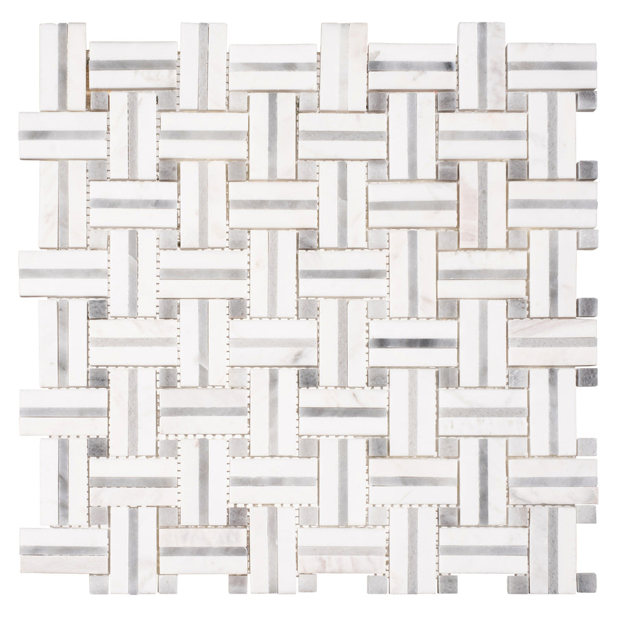 Ultra Weave 12" x 12" Ceramic Tile in Dapper Vibe features a basketweave geometric design with intersecting rectangles and small squares at the junctions for a distinctive woven surface pattern.